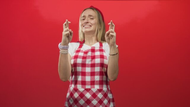 Woman chef blonde hispanic in red gingham apron and headband crosses her fingers with raised hands near face in a studio; hope.