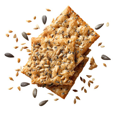 Stack of seed crackers on white background