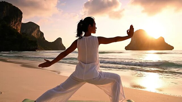 A woman performs a serene yoga pose on a tranquil beach at sunset, with dramatic cliffs silhouetted against the warm, golden sky.