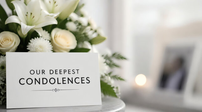 elegant condolence memorial soft floral tribute with black bold text shallow depth of field gentle sympathy greeting card minimalist grief background warm natural light sincere respect photo our deepe