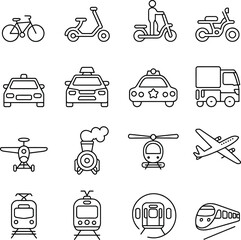 Collection of black line depicting various modes of transportation bicycle scooter person on scooter © MSTHUSNEWARA