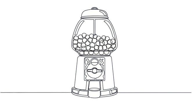 Retro Gumball Machine Filled with Candies, Black and White Outline Drawing