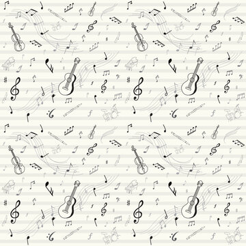 Seamless music pattern with musical instruments and notes on vintage background. Elegant vector Design. The ideal for fashion template prints, wrapping paper, textiles, digital designs, backdrop.