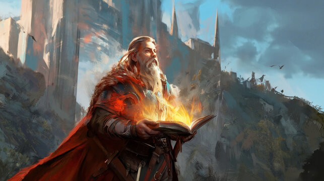Ancient Sorcerer's Grimoire: A wise old sorcerer with a flowing beard and a crimson cloak conjures mystical energy from an ancient, glowing tome. Behind him.