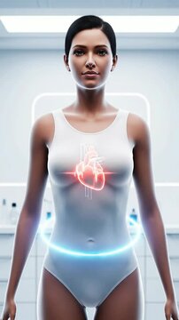 Futuristic Medical Illustration of Women's Heart Health with 3D Digital Heart Animation Displayed Over Torso in High-Tech Studio Environment