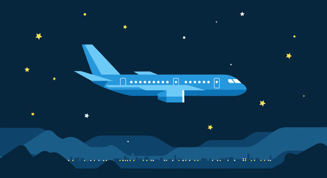 Blue airplane flying through starry night.