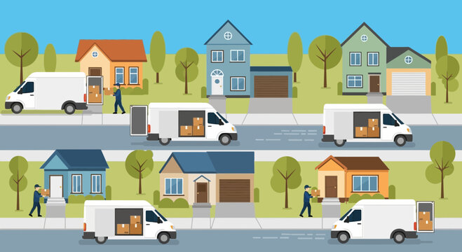 Delivery vans on suburban street.