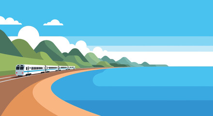 Train traveling on coastal road track. © ari