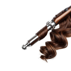 Naklejka premium Curling iron with brown hair on white background