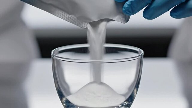 Healthcare Professional Pouring Powdered Substance into Clear Glass Cup in Clinical Setting with Blue Gloves and Clean Background for Medical and Health Applications