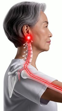 Medical Illustration of An Elderly Woman's Spine and Nerve Pathways Spotlighted in Red, Emphasizing Health Issues and Wellness in Healthcare Settings