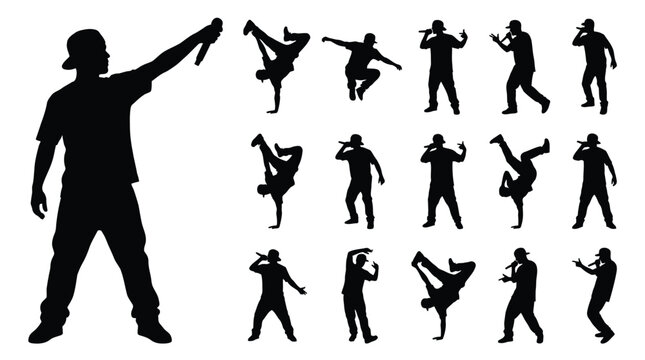Collection of black silhouettes featuring hip hop dancers and rappers performing in a dynamic photo style