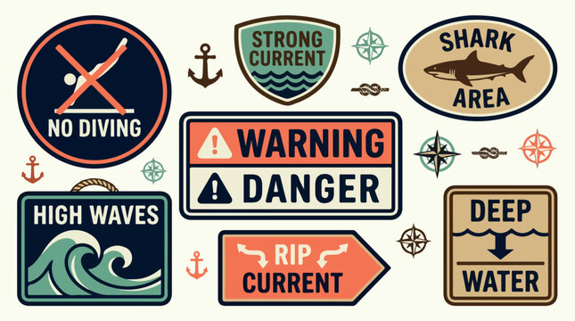 Vintage nautical warning signs vector set, retro beach safety labels with shark area and no diving icons, ocean danger symbols collection