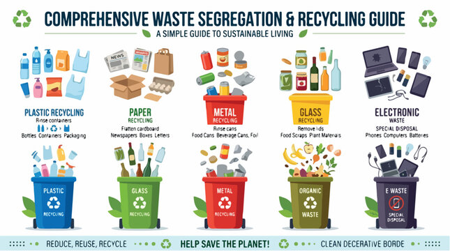 Comprehensive waste segregation and recycling guide vector, sustainable living infographic with colorful trash bins, environmental sorting chart