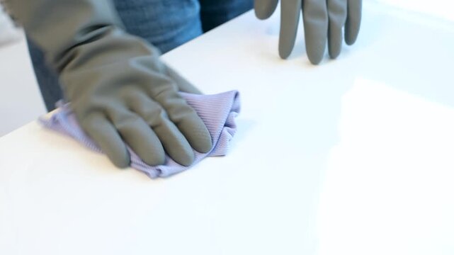 Women's hands wipe table with rag.