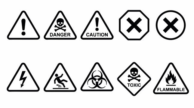 Industrial safety warning icons set, 10 hazard symbols vector collection, black and white danger signs for workplace security and caution labels