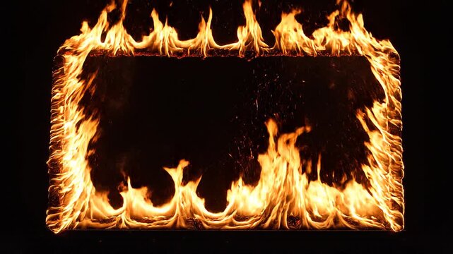Rectangular Frame of Intense Orange Flames on Black Background