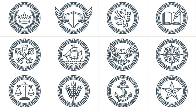 Collection of twelve circular emblems and crests with various symbols.