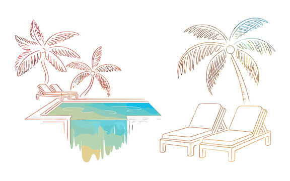 A vibrant sketch of a swimming pool and lounge chairs under palm trees, evoking a sense of vacation and relaxation.