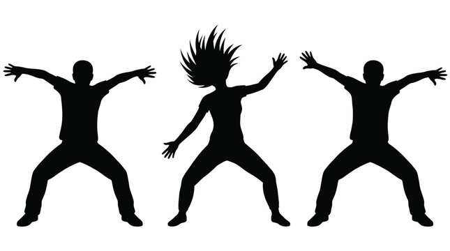 Three energetic people posing in dynamic silhouettes for a vibrant and active group dance photo