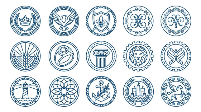 Collection of Circular Emblems and Seals with Various Symbols.