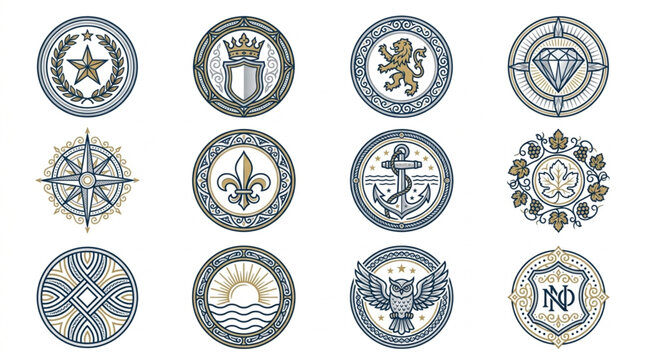 Collection of twelve circular emblems and crests with various symbols.