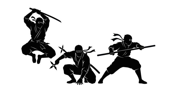 Ninja Warriors Silhouette - Dynamic Poses with Swords and Shurikens