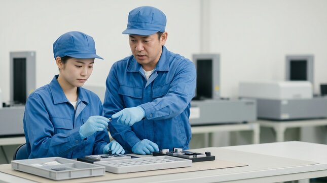 製造業の工場で電子部品の検査とOJTによる技術指導を行う日本人男女の作業員