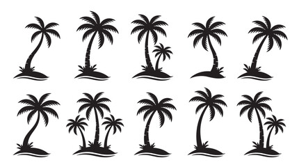 Obraz premium Set of tropical palm tree island silhouettes with wavy trunks and ocean
