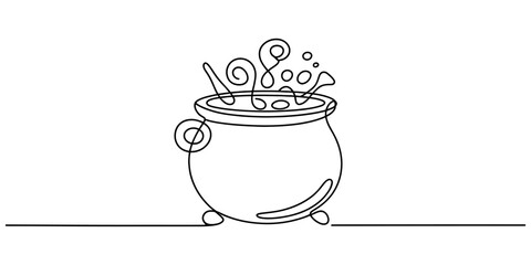 Continuous single line drawing of a bubbling witch magic cauldron pot with potion and steam for halloween celebration party decoration graphic icon © Jagonnath