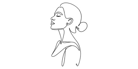 Obraz premium Minimalist continuous line art drawing of a beautiful woman with a hair bun in profile view creating a simple and elegant artistic portrait design