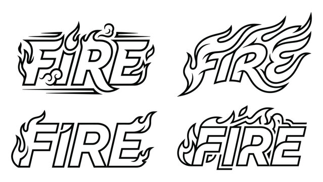 Set of fire text designs with flames and energetic heat style decorative typography art.