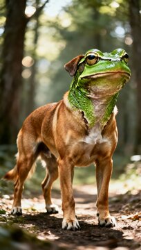 Funny hybrid dog frog creature standing alert in sunlit forest path, whimsical surreal animal fusion adventure