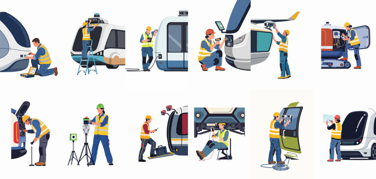 Set of diverse engineers and technicians working on maintenance, diagnostics, and calibration of autonomous electric shuttle buses and high-tech vehicles.
