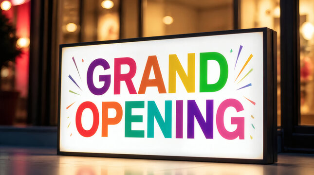 grand opening celebration vibrant light box sign bold modern typography shallow depth of field high quality professional new business launch event festive marketing visual
