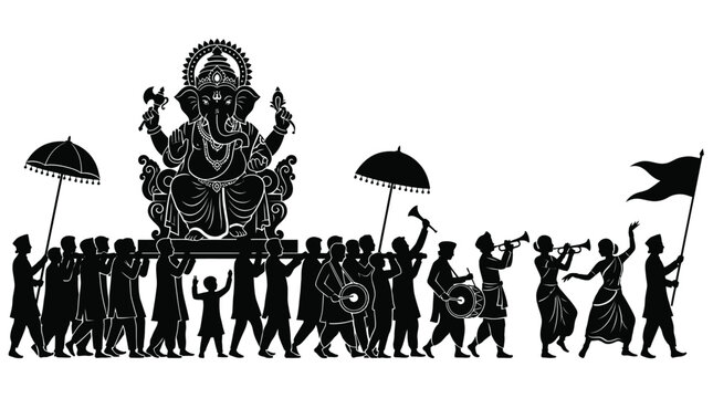 Silhouette illustration of a traditional hindu procession featuring lord ganesha being carried by many followers