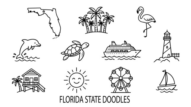 Florida State Vector Doodle Set | Black and White Line Art | Editable Graphic for Travel, Beach, and Coastal Design Projects