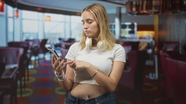 Woman taps phone screen with headphones around neck and crop tshirt visible in airport lounge; waiting boredom.