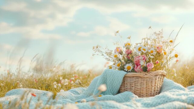 A basket of flowers sits on a blue blanket in a grassy field. The sun shines brightly, and soft clouds drift in the sky. Nature surrounds the basket