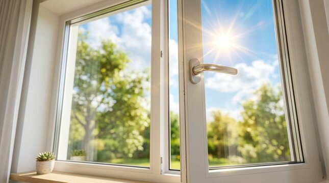 Eco living and energy savings concept featuring an open window with a bright sun and green trees.