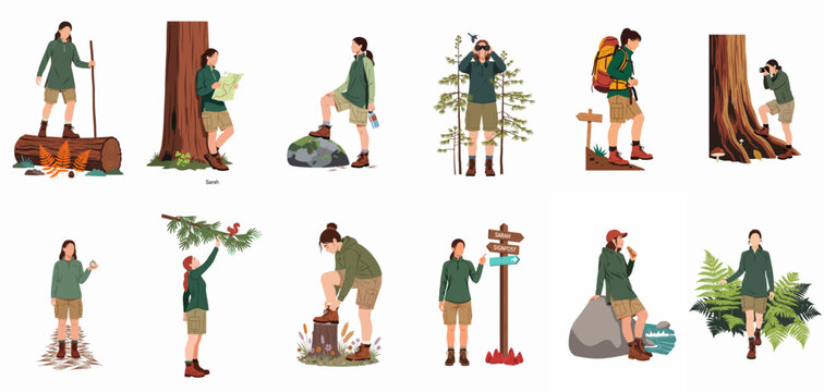 Flat vector set of Sarah character hiking, exploring forest, using map, compass, binoculars, and photography in outdoor nature scenes.