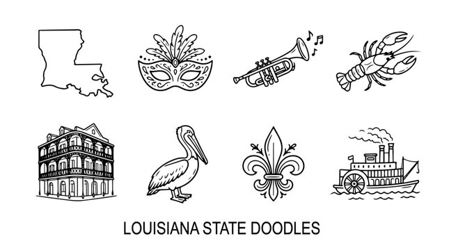 Louisiana State Vector Doodle Set | Black and White Line Art | Editable Graphic for Travel, Culture, and Southern Heritage Design Projects
