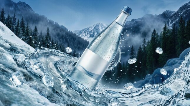 Dynamic Angled Water Bottle with Exploding Splashes and Flying Ice Cubes - AI Generated