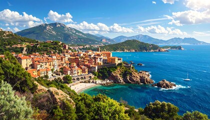 Fototapeta premium A vibrant coastal town nestled among hills, with colorful buildings, clear blue water, and a bright, sunny sky