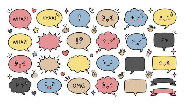 Collection of cartoon speech bubbles with expressive faces and onomatopoeia.