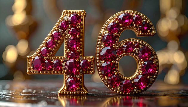 A close-up shot of a decorative gold number 46 adorned with red gems on a reflective surface with blurred golden objects in the background.