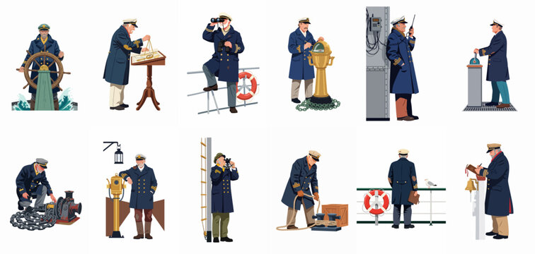 A collection of detailed illustrations showing a sea captain performing various maritime duties, including steering, navigating, and communicating on a ship.