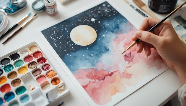 Watercolor night sky painting with large moon stars pink blue clouds celestial theme creative art process brushes palette and dreamy scene