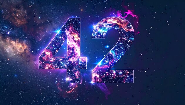 The number 42 glows brightly in a starry galaxy background with purple and blue hues.