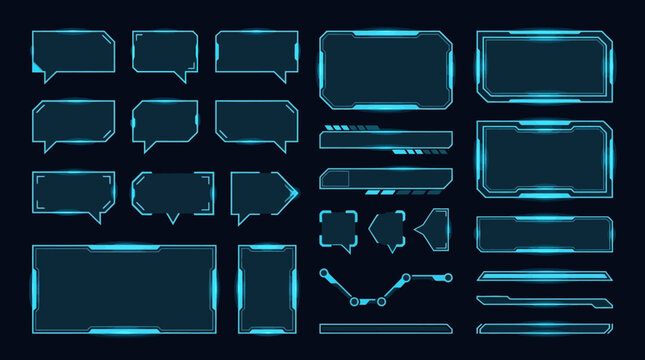 Glowing blue speech bubbles and text boxes arranged on a dark background.
